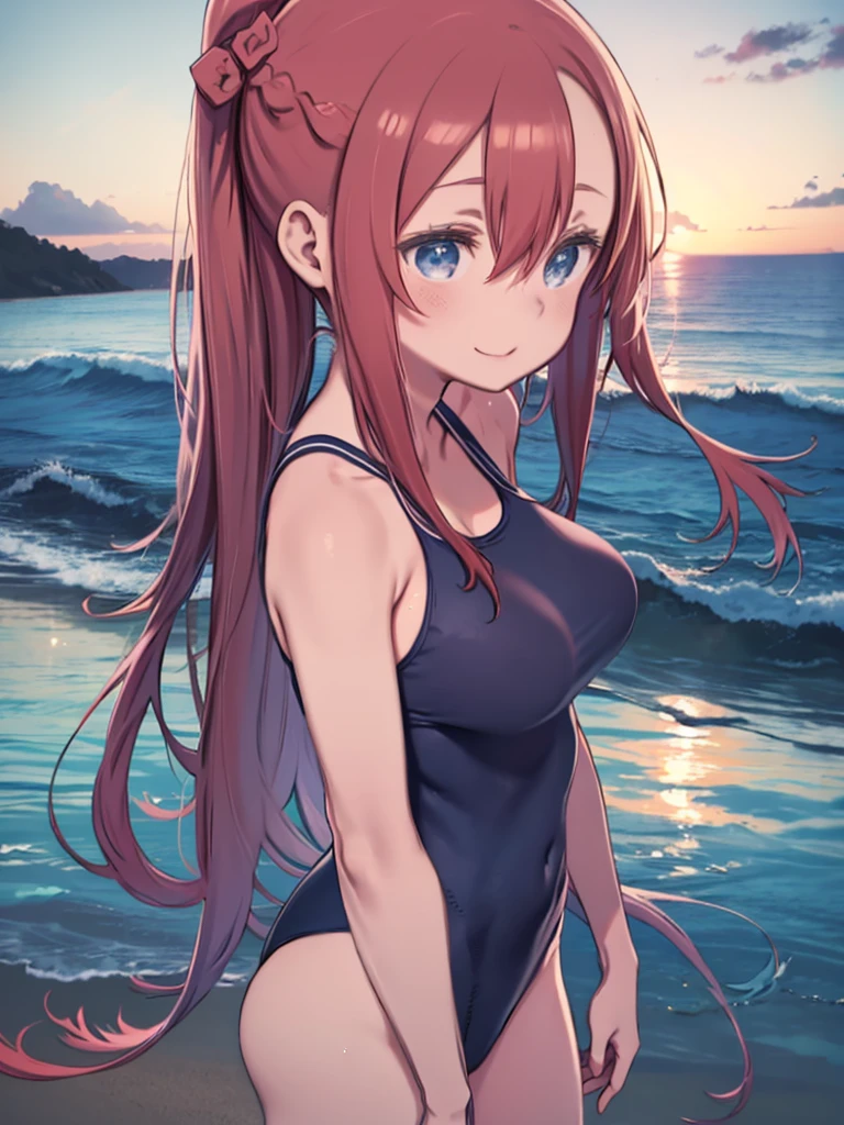 One Woman、Red color hair、long hair、Hair between the eyes、Braid、blue eyes、Big Breasts、Sweaty and wet、My whole body is wet、high school girl、(Japanese School Swimsuit、Navy blue one-piece swimsuit、Navy blue Japanese student swimsuit)、Sandy Beach、laughing、Watching the audience、Angle from the front、Are standing、Sunset、