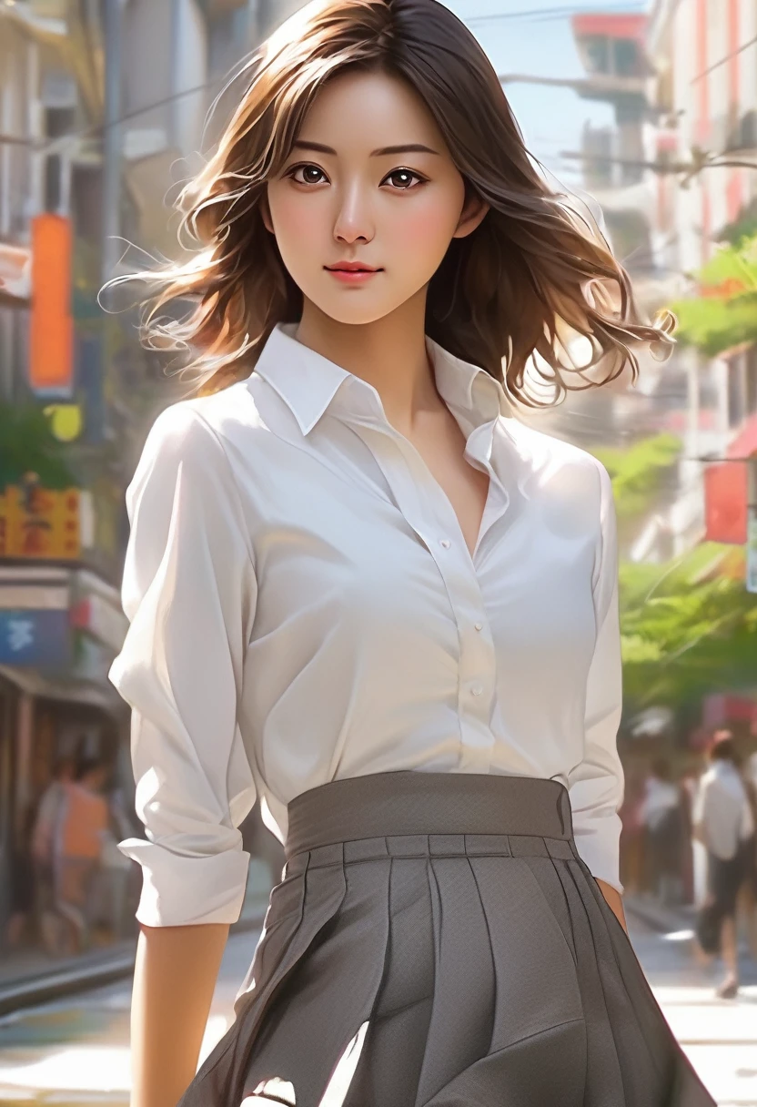 a cartoon image of a woman in a skirt and a white shirt, (sfw) safe for work, realistic , casual pose, 🤤 girl portrait, in an anime style, marin kitagawa fanart, highly detailed exquisite fanart, a hyperrealistic , hyperrealistic , waist up portrait, realistic anime art style, high quality fanart, digital anime illustration