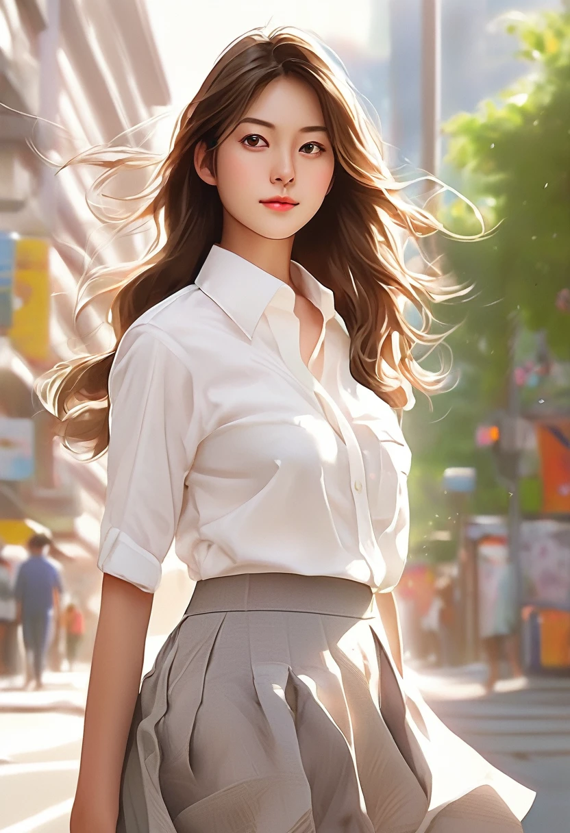 a cartoon image of a woman in a skirt and a white shirt, (sfw) safe for work, realistic , casual pose, 🤤 girl portrait, in an anime style, marin kitagawa fanart, highly detailed exquisite fanart, a hyperrealistic , hyperrealistic , waist up portrait, realistic anime art style, high quality fanart, digital anime illustration