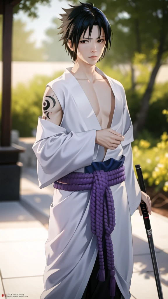 1boy, Sasuke, a man with a sword in his hand, purple skirt, wearing SSK_outfit, posing for a picture, left shoulder exposed, abs, tattoo,  dynamic pose, (masterpiece:1.4),(best quality:1.4),(shiny skin),realistic, east asian architecture background, looking at viewer, masterpiece, highly detailed, 8K, stunning, hdr, subsurface scattering, global illumination, cinematic lighting, sunlight, realism, hyperrealistic , best quality, highres, (RAW photo:1.2), (photorealistic:1.2),(masterpiece:1.4), illustration, artstation,  Alembert Oclusion, SSAO, Bokeh, Cinematic,  Depth of Field, DOF, Vignette, Anti-Aliasing  art by sakimichan , (sakimi-style:0.7), (nixeu_soft:0.2)