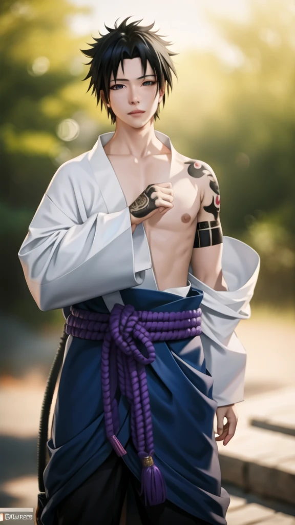 1boy, Sasuke, a man with a sword in his hand, purple skirt, wearing SSK_outfit, posing for a picture, left shoulder exposed, abs, tattoo, dynamic pose, (masterpiece:1.4),(best quality:1.4),(shiny skin),realistic, east asian architecture background, looking at viewer, masterpiece, highly detailed, 8K, stunning, hdr, subsurface scattering, global illumination, cinematic lighting, sunlight, realism, hyperrealistic , best quality, highres, (RAW photo:1.2), (photorealistic:1.2),(masterpiece:1.4), illustration, artstation, Alembert Oclusion, SSAO, Bokeh, Cinematic, Depth of Field, DOF, Vignette, Anti-Aliasing art by sakimichan , (sakimi-style:0.7), (nixeu_soft:0.2)