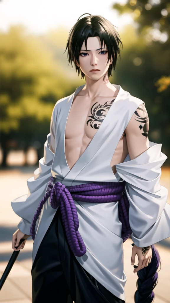 1boy, Sasuke, a man with a sword in his hand, purple skirt, wearing SSK_outfit, posing for a picture, left shoulder exposed, abs, tattoo,  dynamic pose, (masterpiece:1.4),(best quality:1.4),(shiny skin),realistic, east asian architecture background, looking at viewer, masterpiece, highly detailed, 8K, stunning, hdr, subsurface scattering, global illumination, cinematic lighting, sunlight, realism, hyperrealistic , best quality, highres, (RAW photo:1.2), (photorealistic:1.2),(masterpiece:1.4), illustration, artstation,  Alembert Oclusion, SSAO, Bokeh, Cinematic,  Depth of Field, DOF, Vignette, Anti-Aliasing  art by sakimichan , (sakimi-style:0.7), (nixeu_soft:0.2)