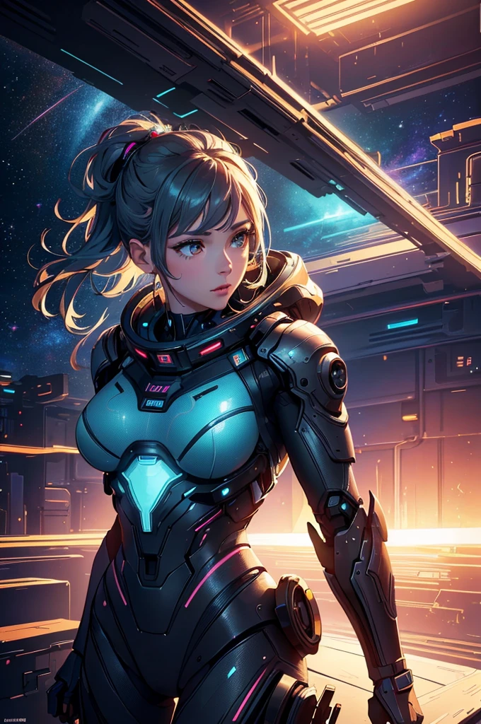 (ultra quality, 4k, 8k, high resolution, masterpiece: 1.2), ultra detailed, (realistic, photorealistic, photorealistic: 1.37) a sexy and beautiful young robot girl on a space station, 8k, ultra detailed, photorealistic, highly detailed, volumetric lighting, extremely detailed face and eyes, long eyelashes, upturned nose, full body, sexy, bare chest, intricate details, concept art, vibrant colors, cinematic lighting, spectacular lighting, science fiction, futuristic, advanced technology, elegant design, seamless integration, meticulously crafted, masterpiece