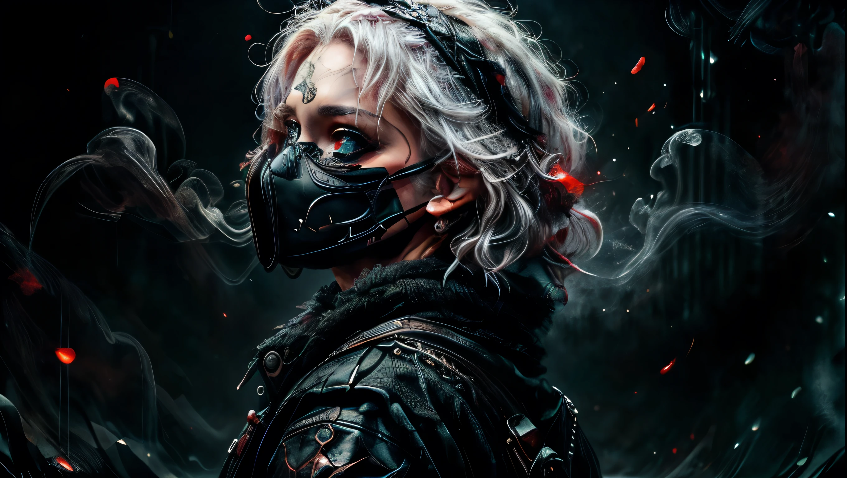 a woman with purple black smoke coming out of her eyes and mouth, dark background, cinematic lighting, dark fantasy, ethereal, dramatic, high contrast, moody, intense, mysterious, supernatural, surreal, (best quality,4k,8k,highres,masterpiece:1.2),ultra-detailed,(realistic,photorealistic,photo-realistic:1.37),digital art, dark art, concept art, dark fantasy art, dark portrait, dark fantasy portrait, ((wearing a black mask)), ((red eyes)), ((white hair))