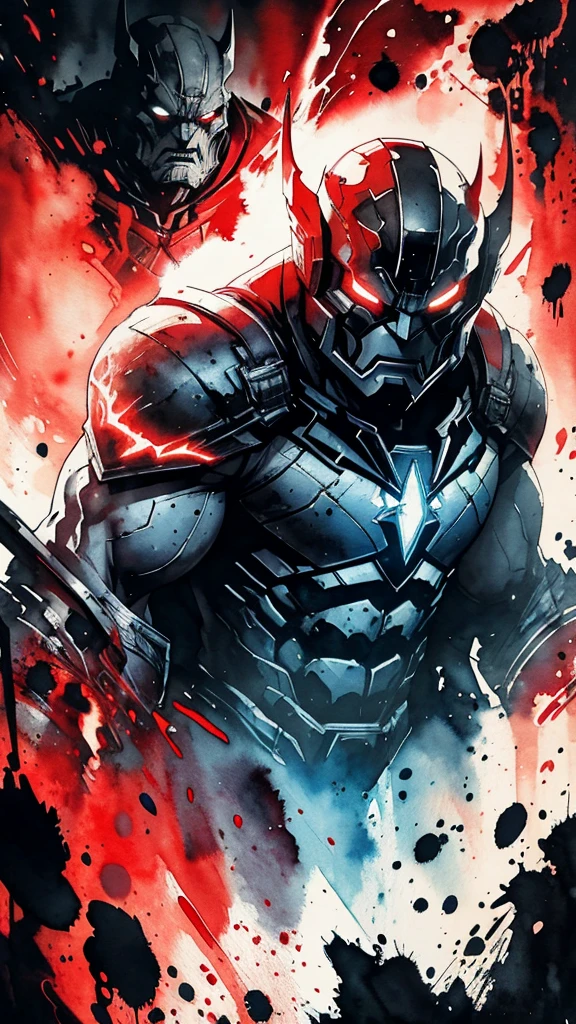 Darkseid from Justice League, closed mouth, glowing red eyes, looking at viewer, sitting pose, powerful aura, from below, fantasy, high contrast, ink strokes, explosions, over exposure, impression , abstract, ((watercolor painting by John Berkey and Jeremy Mann)), brush strokes, negative space, good anatomy, good proportions, good architecture, realistic:1.25, cantered, high detail, high resolution, 8k, stunning, mascular body, Style-Hamunaptra:0.4,