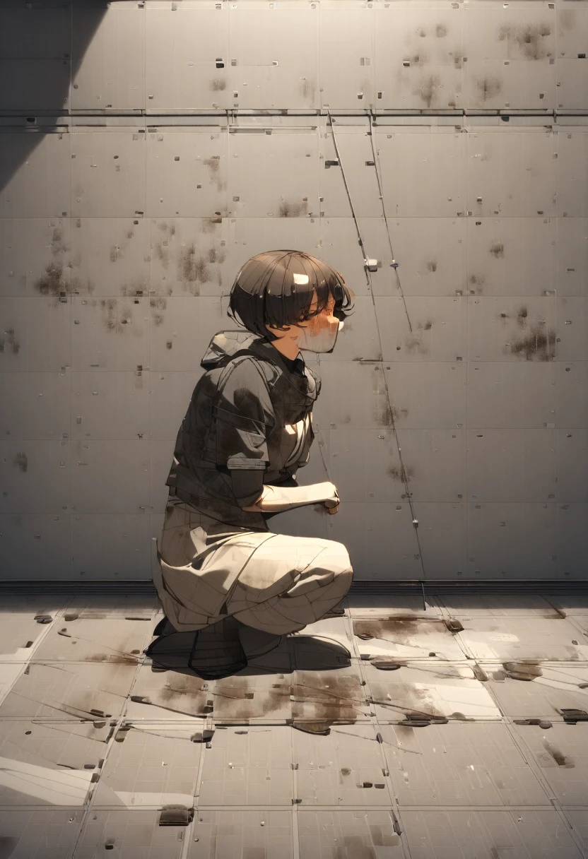 nsfw,,fellatio,sucking a penis hardly,man standing and female kneeling,mature modest woman, (black hair),short wavy hair,bukkake,excessive cum,cum dripping,(bukkake on face:1.2),patterned skirt,sleeveless brown blouse,from side,at public bathroom,tiled wall,kneeling,plump body,look up,(sweaty),dirty floor,(blushed:1.2),