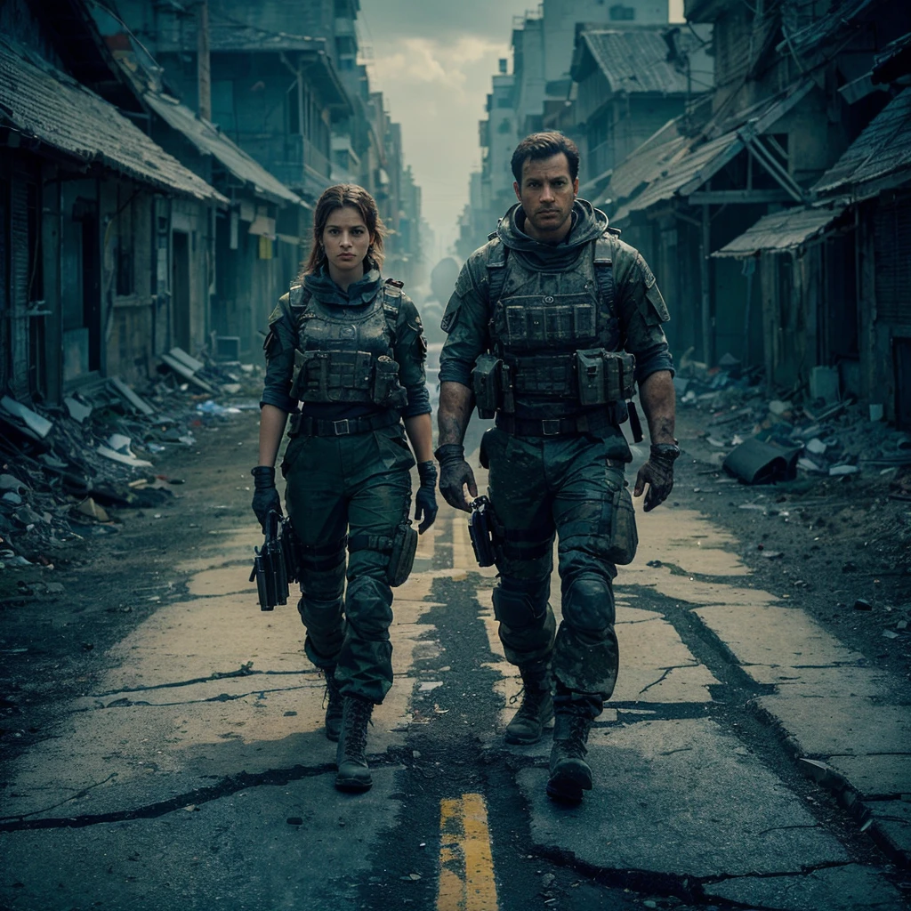 A stunning 32K, UHD live action photorealistic portrait showcasing a woman and a handsome man, both clean-faced, serious expressions. They appear to be surveying their surroundings in a dilapidated street. Clad in specialized military attire and equipped with gear reminiscent of Resident Evil, they stand amidst enigmatic, bengalured buildings. The image is captured from an aerial view, showcasing intricate details and vibrant colors, creating an atmosphere of suspense and mystery., vibrant, portrait photography