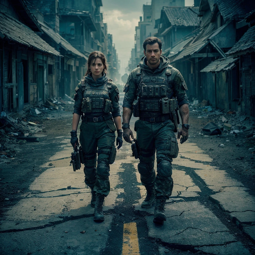 A stunning 32K, UHD live action photorealistic portrait showcasing a woman and a handsome man, both clean-faced, serious expressions. They appear to be surveying their surroundings in a dilapidated street. Clad in specialized military attire and equipped with gear reminiscent of Resident Evil, they stand amidst enigmatic, bengalured buildings. The image is captured from an aerial view, showcasing intricate details and vibrant colors, creating an atmosphere of suspense and mystery., vibrant, portrait photography