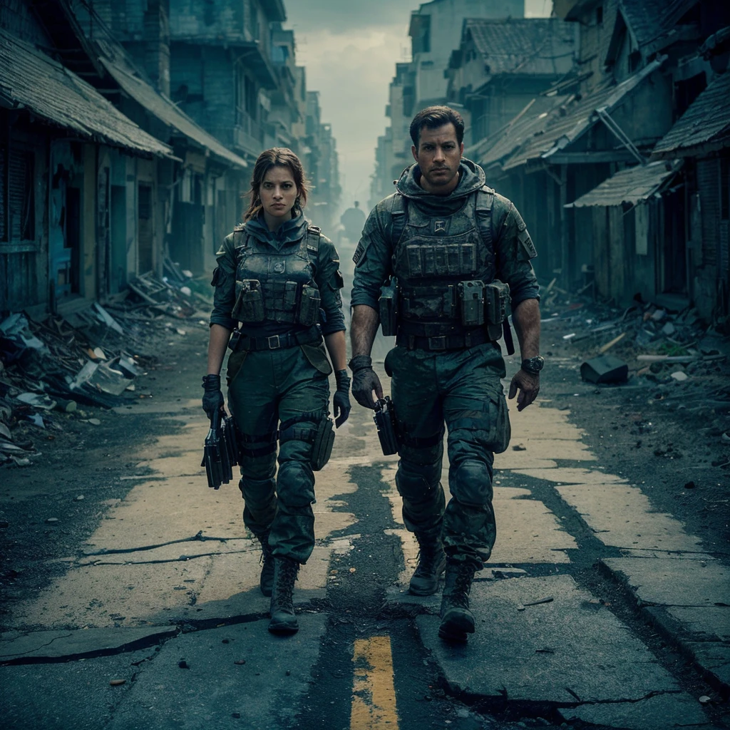 A stunning 32K, UHD live action photorealistic portrait showcasing a woman and a handsome man, both clean-faced, serious expressions. They appear to be surveying their surroundings in a dilapidated street. Clad in specialized military attire and equipped with gear reminiscent of Resident Evil, they stand amidst enigmatic, bengalured buildings. The image is captured from an aerial view, showcasing intricate details and vibrant colors, creating an atmosphere of suspense and mystery., vibrant, portrait photography