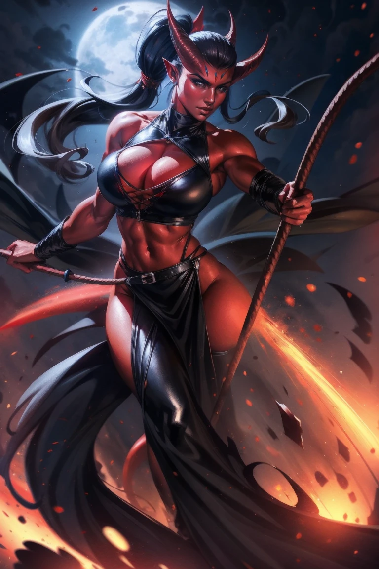 Red skin succubus tiefling, medium breasts, black horns, wings, huge tail, black leather, crop top, long flowing pelvic curtain, tall, toned, graceful, thin, long black ponytail. Action scene, whip. Dark scene, explosions, night sky.