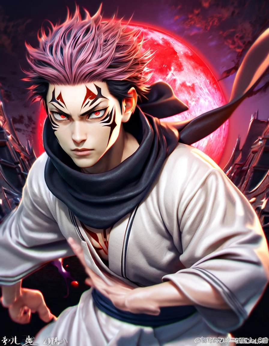 absurdres, highres, ultra detailed, HDR, masterpiece, best quality, Ryomen Sukuna, black hair, expressive red eyes, Jujutsu Kaisen, solo, sexy man, handsome, black scarf, white kimono, red blood water, purple moon, magical, pink hairs, yuji Itadori's body takeover, no watermark, serious, dynamic pose, realistic style, 3d cg model