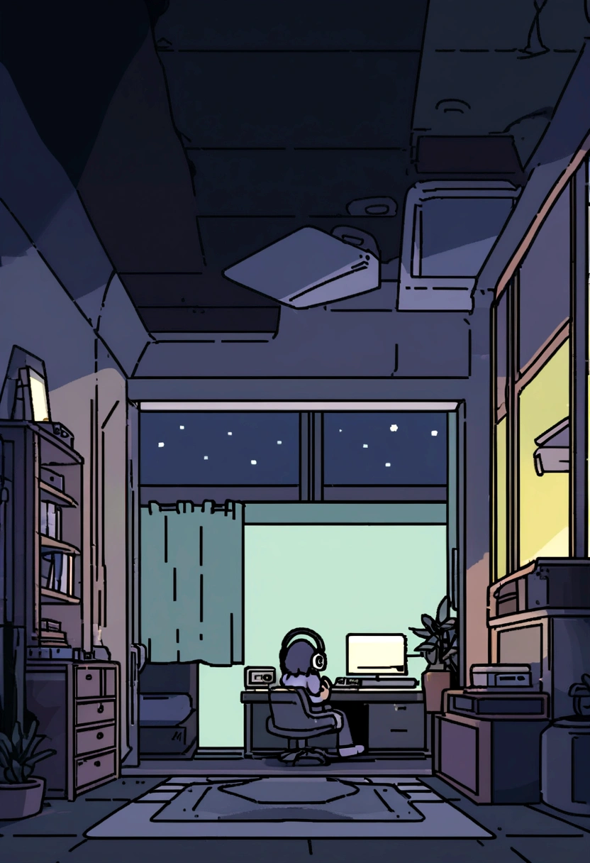 night、Girl listening to music in a cozy room, Using headphones, 2D-style animation, Lo-Fi, hard disk, Dark Environment, Makoto Shinkai style