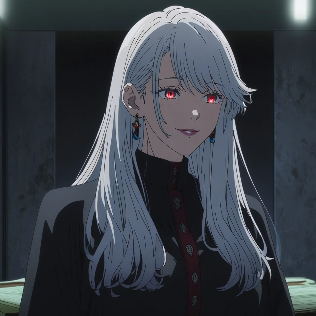 1girl, female gojo satoru, anime screencap from jujutsu kaisen, gojo satoru female version, solo, medium_hair, ((Blue universal eyes)) ((straight Silver_hair)), night view, (hanging breasts) upper_body, smile, indoors, book, green_eyes, lips, (swept bangs) ((wearing black colour outfit with button)) breast, "very detailed and high resolution" (Red eyes) (cross arms) ((long straight hair)) ((solo)) (front view) (earings) ((high resolution)) ((good quality)) ((swept bangs)) (( silver hair with red tips)) (((multi colour hair : silver and red)))