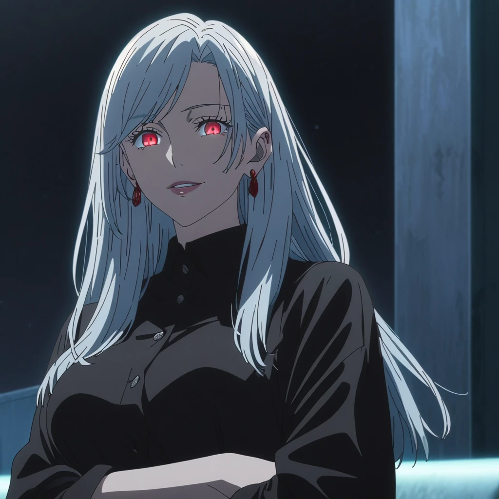 1girl, female gojo satoru, anime screencap from jujutsu kaisen, gojo satoru female version, solo, medium_hair, ((Blue universal eyes)) ((straight Silver_hair)), night view, (hanging breasts) upper_body, smile, indoors, book, green_eyes, lips, (swept bangs) ((wearing black colour outfit with button)) breast, "very detailed and high resolution" (Red eyes) (cross arms) ((long straight hair)) ((solo)) (front view) (earings) ((high resolution)) ((good quality)) ((swept bangs)) (( silver hair with red tips)) (((multi colour hair : silver and red)))