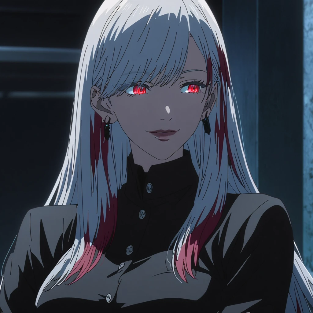 1girl, female gojo satoru, anime screencap from jujutsu kaisen, gojo satoru female version, solo, medium_hair, ((Blue universal eyes)) ((straight Silver_hair)), night view, (hanging breasts) upper_body, smile, indoors, book, green_eyes, lips, (swept bangs) ((wearing black colour outfit with button)) breast, "very detailed and high resolution" (Red eyes) (cross arms)  ((long straight hair)) ((solo)) (front view) (earings) ((high resolution)) ((good quality)) ((swept bangs)) (( silver hair with red tips)) (((multi colour hair : silver and red)))