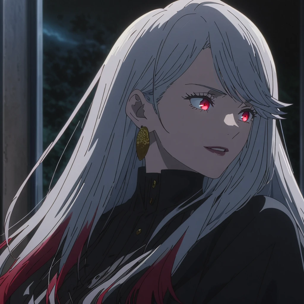 1girl, female gojo satoru, anime screencap from jujutsu kaisen, gojo satoru female version, solo, medium_hair, ((Blue universal eyes)) ((straight Silver_hair)), night view, (hanging breasts) upper_body, smile, indoors, book, green_eyes, lips, (swept bangs) ((wearing black colour outfit with button)) breast, "very detailed and high resolution" (Red eyes) (cross arms) ((long straight hair)) ((solo)) (front view) (earings) ((high resolution)) ((good quality)) ((swept bangs)) (( silver hair with red tips)) (((multi colour hair : silver and red)))