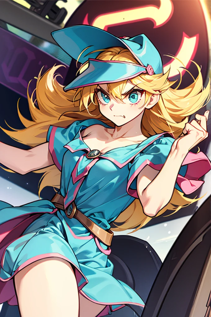 a trucker princess, wears a dress and a baseball cap, has an angry expression