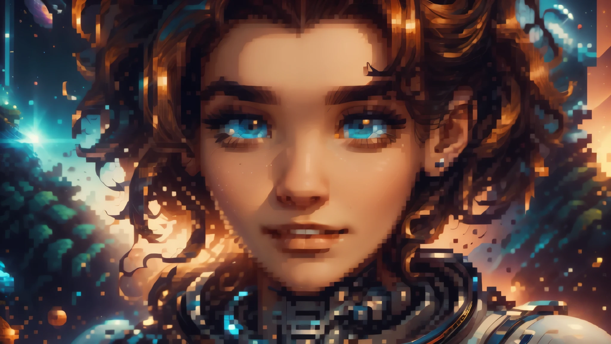arafed image of a white woman in a futuristic suit with a spaceship in the background, movie art, in front of an orange background, inspired by Robert McGinnis, female protagonist, megastructure in the background, portrait of an ai astronaut, astronauts, an astronaut, portrait of a astronaut skeletor, perfect android girl, Highly Detailed Face and Skin Texture, Detailed Eyes, Double eyelids, perfectly detailed teeth, frank franzzeta and sakimichan