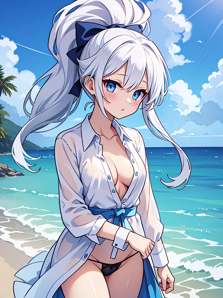pretty,sexy,wind,button unbuttoned,Lingerie stands out,white hair,ponytail,blue clothes,Blue Eyes,Adult,
