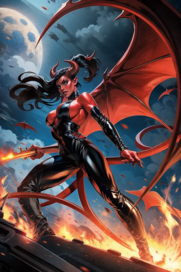 Red skin succubus tiefling, medium breasts, black horns, wings, huge tail, black leather, tall, toned, graceful, thin, long black ponytail. Action scene, shotgun.