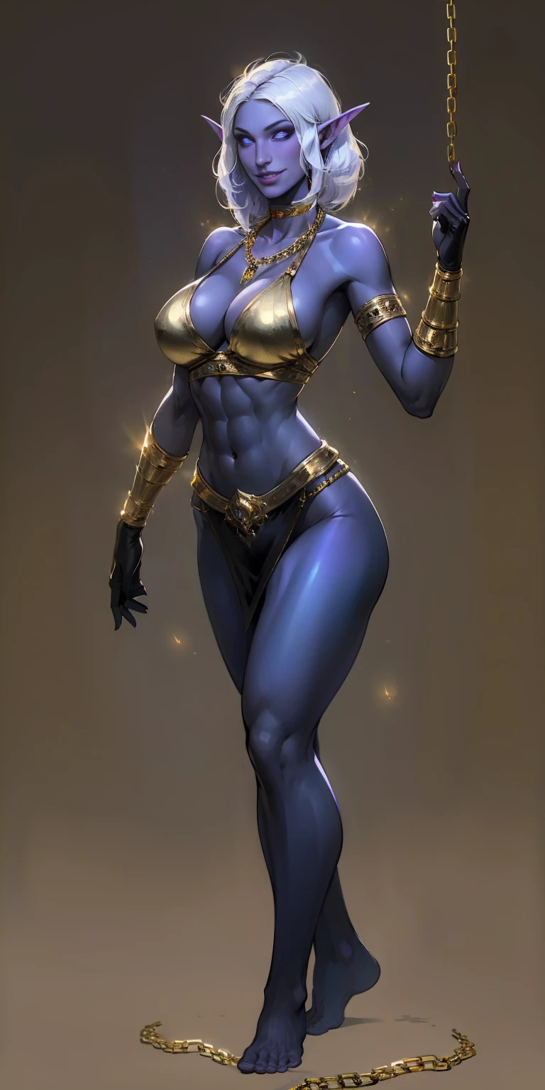 ((plain background:1.2, 1sologirl)) full body standing barefoot, purple skin, drow, elf, Madura, Detailed happy face, purple eyes, white hair bob style, gold bikini, well defined six pack abs, Large knockers, black leather choker with gold bell, gold chain necklace, golden bracers on feet and arms, belly button