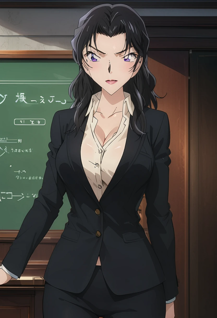 A beautiful female teacher in a suit standing in a room, a blackboard on the wall behind her, beautiful teacher, sexy, long black stockings, 8k, anime style