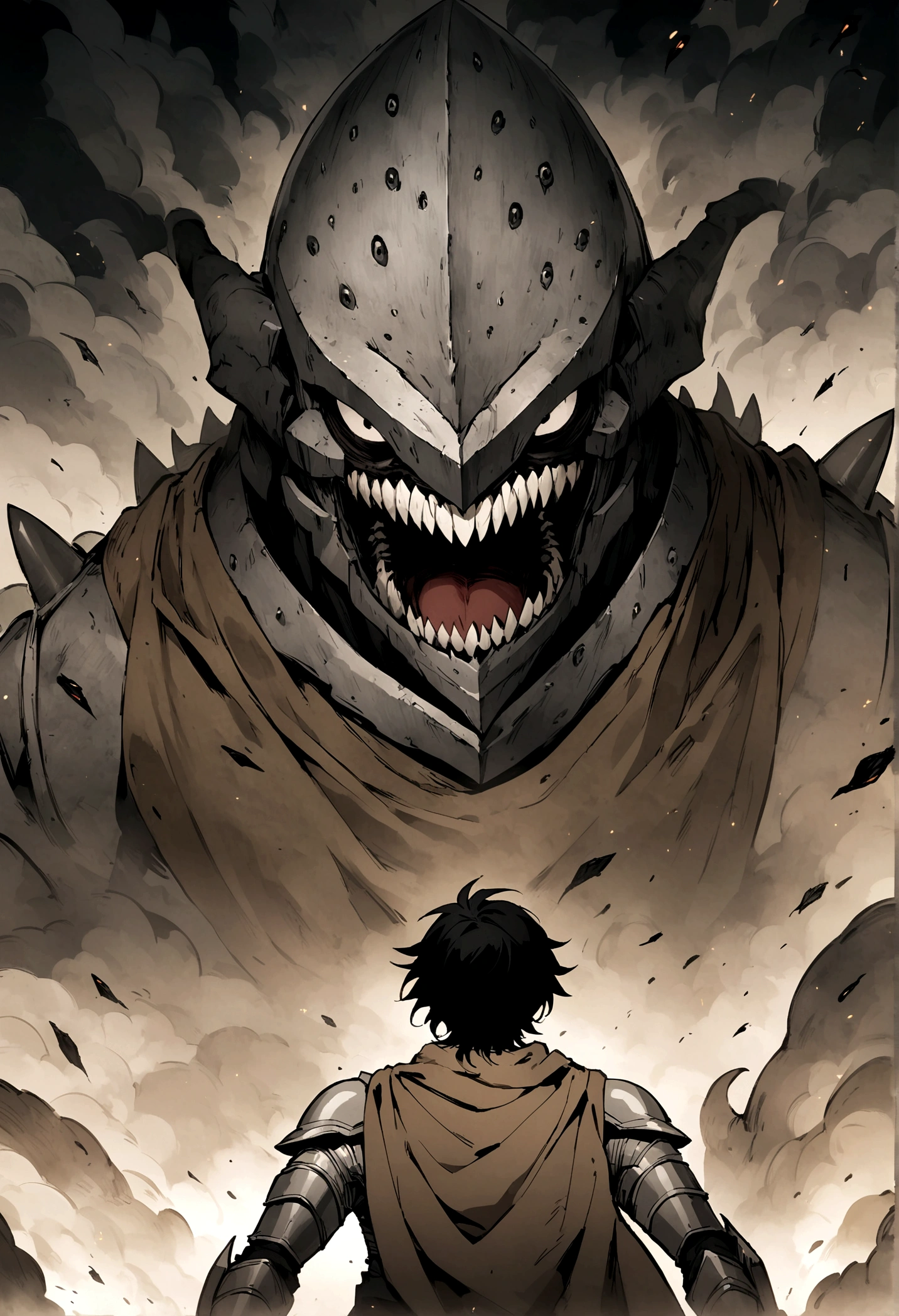 Anime drawing style of an effeminate boy with long messy black hair, pale skin and with a face of a steel monster with a big mouth with sharp steel teeth without eyes, who wears gray armor with brown cloth 
