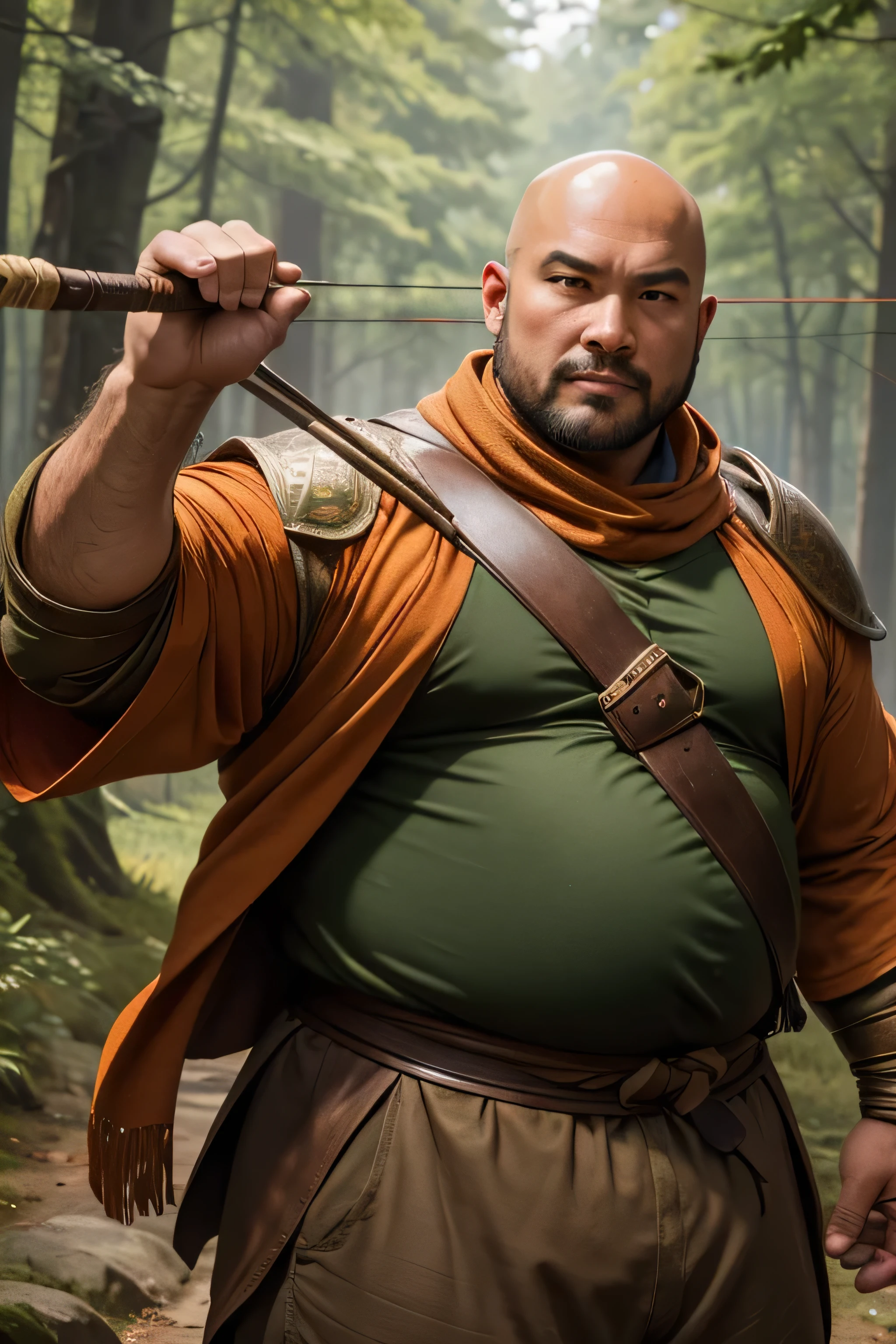 (8K, high definition, high quality, highly detailed) Handsome bald Asian daddy. chubby archer. big tummy. medieval clothes. wearing a green long- sleeved shirt. wearing a brown leather armor. wearing a brown pants. wearing a long orange shawl. aiming with a bow and arrow. forest background. blurred background.