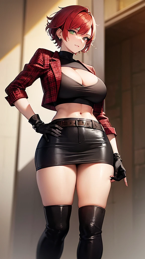 woman, curly red pixie cut hair, green eyes, wearing crop top black shirt, red plaid skirt, (black knee high boots), black fingerless gloves, jacket, exposed shoulders, thick thighs, (full body), large breasts, freckles, cleavage, abs, looking at viewer, masterpiece, best quality