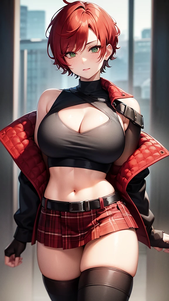 woman, curly red pixie cut hair, green eyes, wearing crop top black shirt, red plaid skirt, (black knee high boots), black fingerless gloves, jacket, exposed shoulders, thick thighs, (full body), large breasts, freckles, cleavage, abs, looking at viewer, masterpiece, best quality