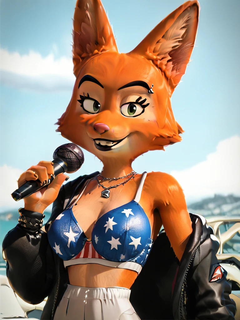 score_9, score_8_up, score_7_up, score_6_up, score_5_up, score_4_up,
Diane_Foxington, ginger fur, emerald eyes, red lipstick, black eyebrows, fox , Sexy smile, looking at viewer, American flag Bra, lip sync, removing jacket, Holding microphone long cord silver, New York Stadium
