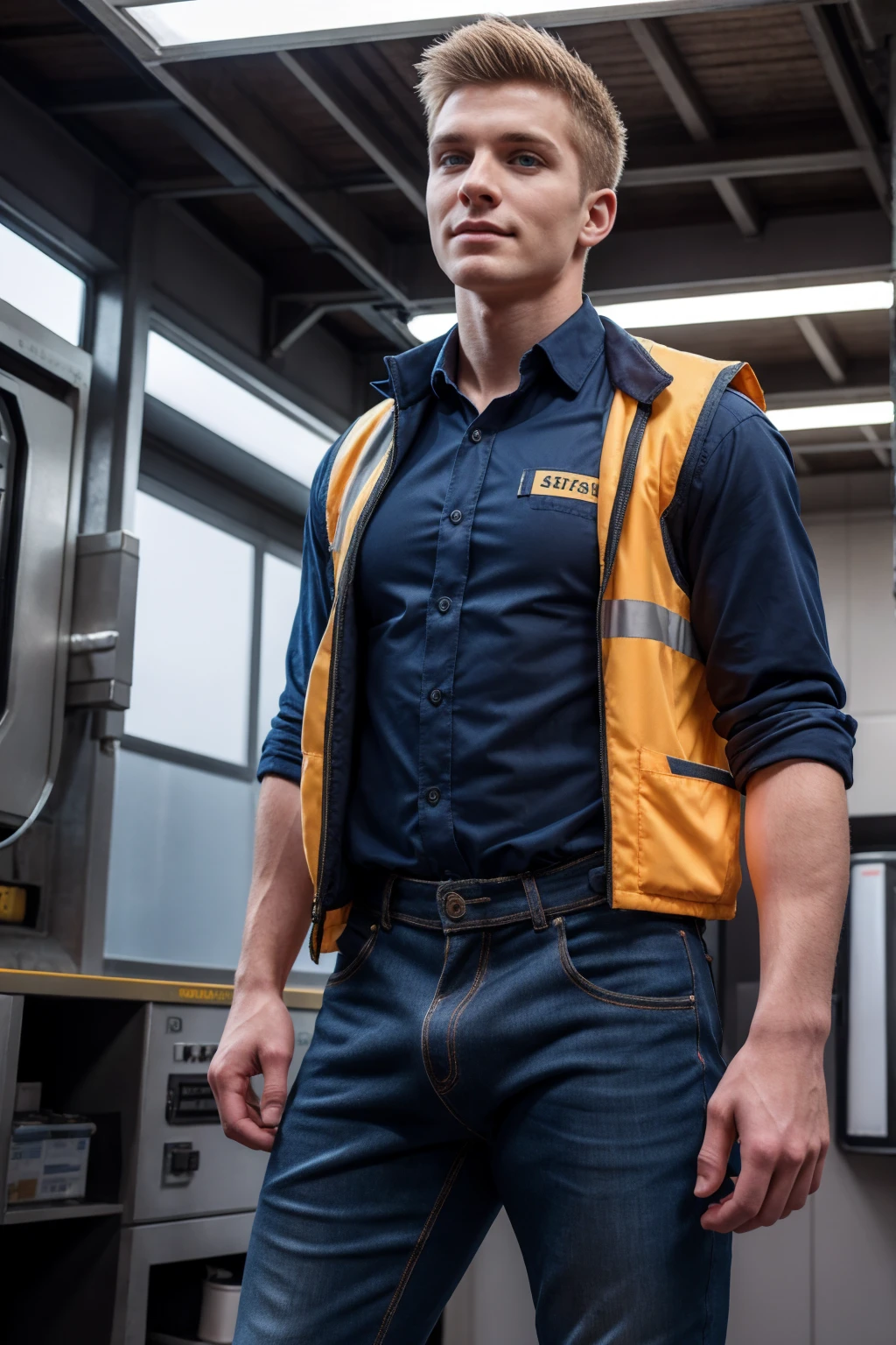 1boy, (Blue Eyes), happy smile,American boy,18 years old,young, thick body, slender, sport body build, child-like,White age boy ,Blonde man Imagine a young 18 years old safety officer standing in an electric station. He is wearing a fluorescent yellow or orange safety vest over a dark blue shirt and black jeans. The vest has reflective strips to increase visibility. The safety officer is holding a clipboard, while the other hand is extended, gesturing in a confident manner. He has a serious expression on his face, showing his dedication to ensuring safety in the electric station. The surroundings could include electrical equipment, such as transformers or circuit breakers, indicating the nature of his work environment.,pale skin, skinny, good lighting, very pale skin, light skin, model with attractive body,medium bulge and medium butts,(Best quality, 8k, Masterpiece). High Detail , superior quality, natural lighting, beautiful, sexy, correct anatomy, good composition,realistic shapes, realistic skin tones,Natural eyes,realistic eyes,looking up at viewer,vpl,realistic muscles,Realistic wrinkles on the skin,Realistic arms and legs,Realistic face,realistic hair,Make a sexy and seductive face, Clear Focus: 1.2, Perfect Body virile: 1.4 , Slender Abs: 1.2, Highly detailed face and skin texture, detailed eyes, double eyelids, big upper lip, man focus,amazing composition, front view, HDR, volumetric lighting, ultra quality, elegant,Post a erotic photoshoot,Realistic pose,detailed hair,full body,Fujifilm XT3 photorealistic art by midjourney