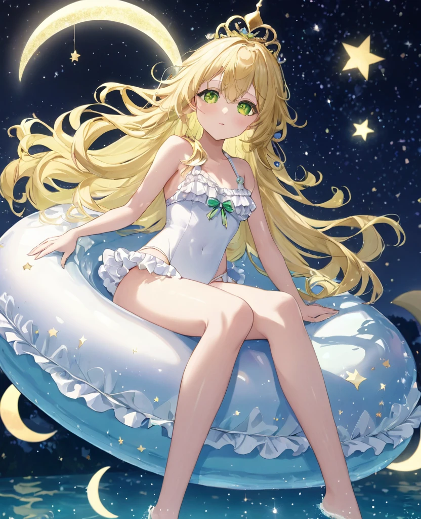 (masterpiece, best quality:1.2), (absurdres, highres, ultra-detailed), (perfect anatomy),
Beautiful woman、Night Pool、Riding on a cute float、Blonde、Fluffy longhair、Yellow-green eyes、Background glitter、night、Crescent Moon、heart、White frilly swimsuit
(8K, RAW photo:1.2),detailed face and eyes,intricate detail ,masterpiece ,sharp focus, high quality,BREAK,rating: general, newest
