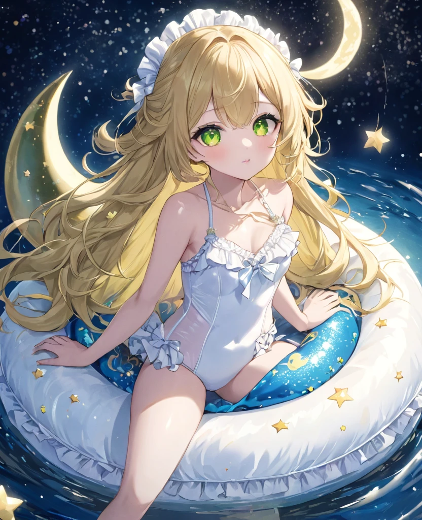 (masterpiece, best quality:1.2), (absurdres, highres, ultra-detailed), (perfect anatomy),
Beautiful woman、Night Pool、Riding on a cute float、Blonde、Fluffy longhair、Yellow-green eyes、Background glitter、night、Crescent Moon、heart、White frilly swimsuit
(8K, RAW photo:1.2),detailed face and eyes,intricate detail ,masterpiece ,sharp focus, high quality,BREAK,rating: general, newest