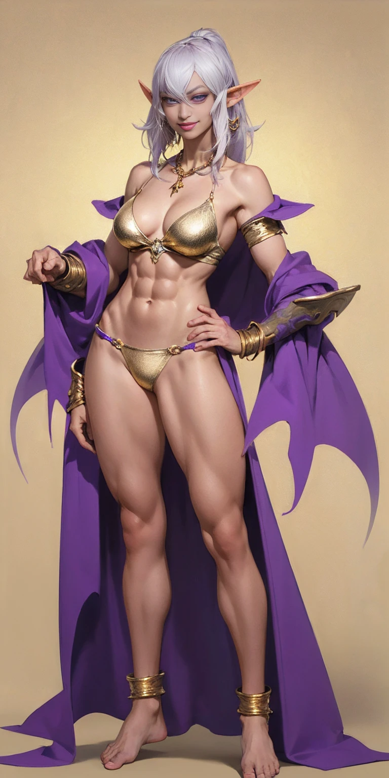 ((1soloMILF drow elf mature)) full body standing barefoot, purple skin, Detailed happy face, purple eyes, by white, gold bikini, well defined six pack abs, Large knockers, gold chain necklace on neck, golden bracers, purple background