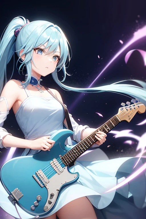 Light blue hair,semi-long,ponytail,可愛いAnime Girls,Anime Girls,In combat,Magical girl,Light blue dress,Punk Fashion,guitar