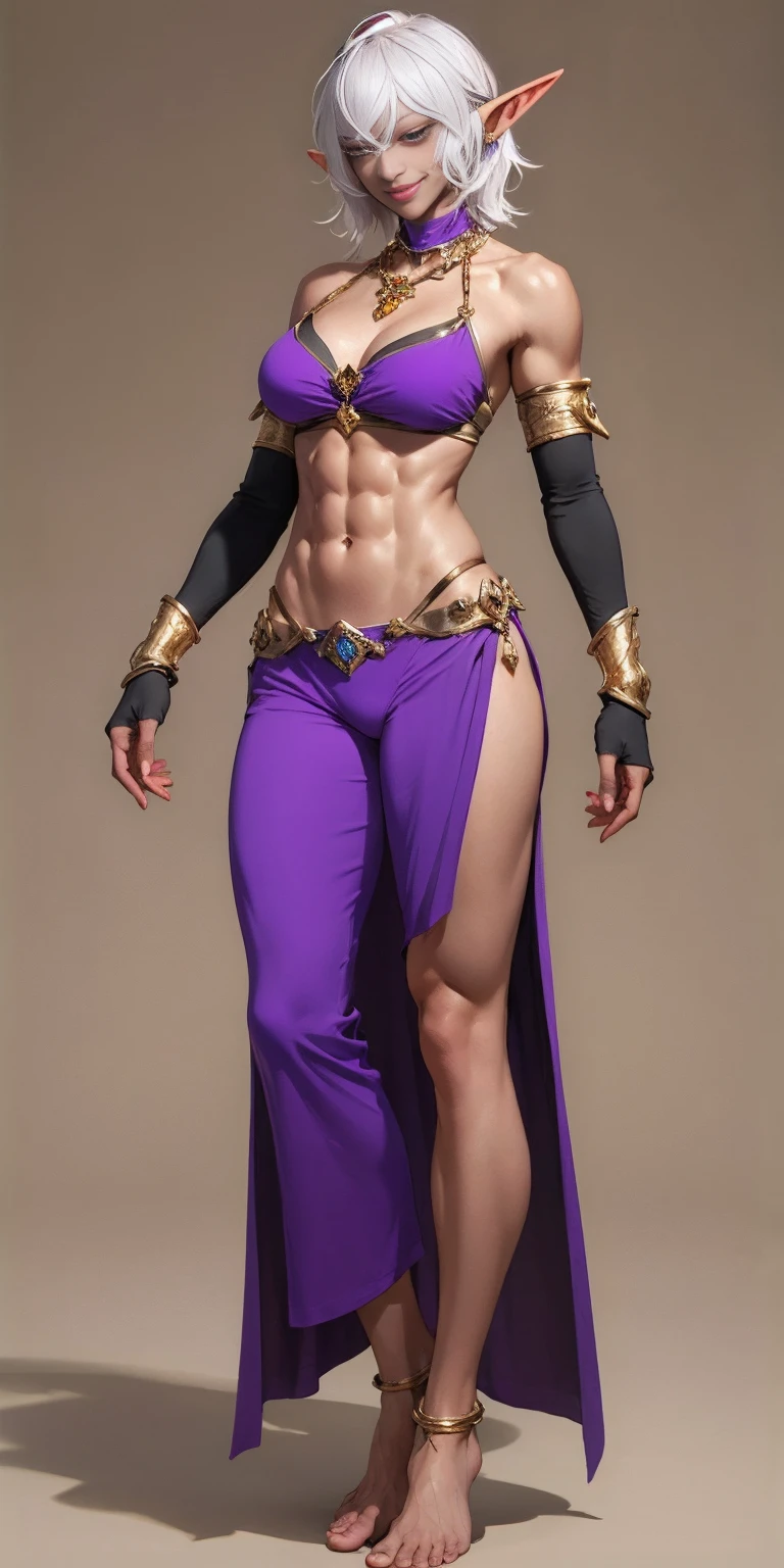 ((1soloMILF drow elf mature)) full body standing barefoot, purple skin, Detailed happy face, purple eyes, by white, gold bikini, well defined six pack abs, Large knockers, gold chain necklace on neck, golden bracers, purple background