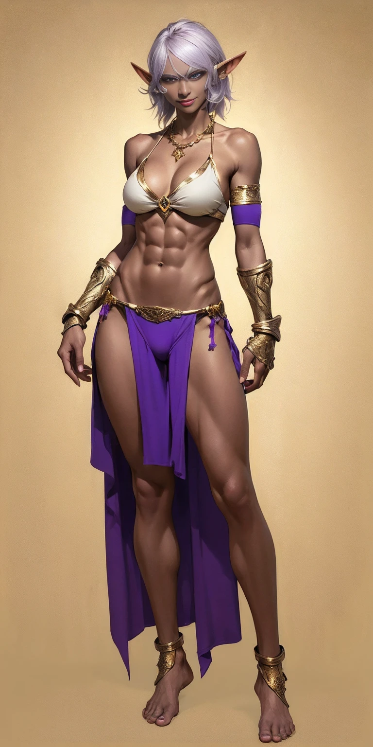 ((oloMILF drow elf ma full body standing barefoot, purple skin, Detailed happy face, purple eyes, by white, gold bikini, well defined six pack abs, Large knockers, gold chain necklace on neck, golden bracers, purple background