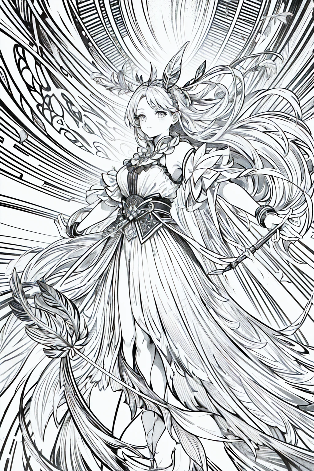 (masterpiece), hres, high quality, 4k, unity render, 1girl, solo, lineart, (monochrome:1.2), intrincate detailed,braided hair,Feather Mantle,Golden skirt,Holding a spear,