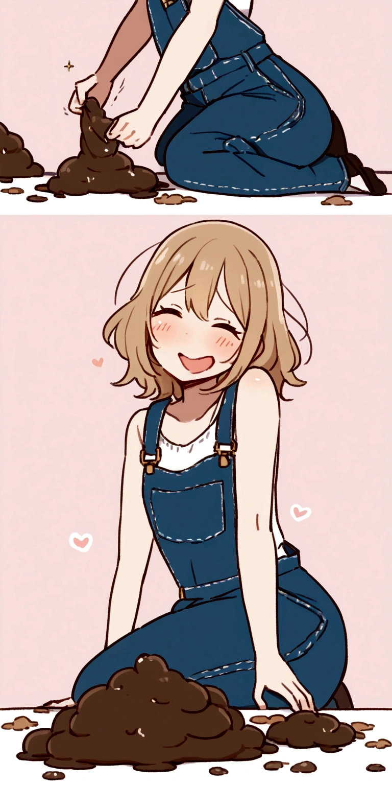 Girl poop in overalls ((poop in overalls)) Her overalls is covered with shit. ((overalls is covered with poop))