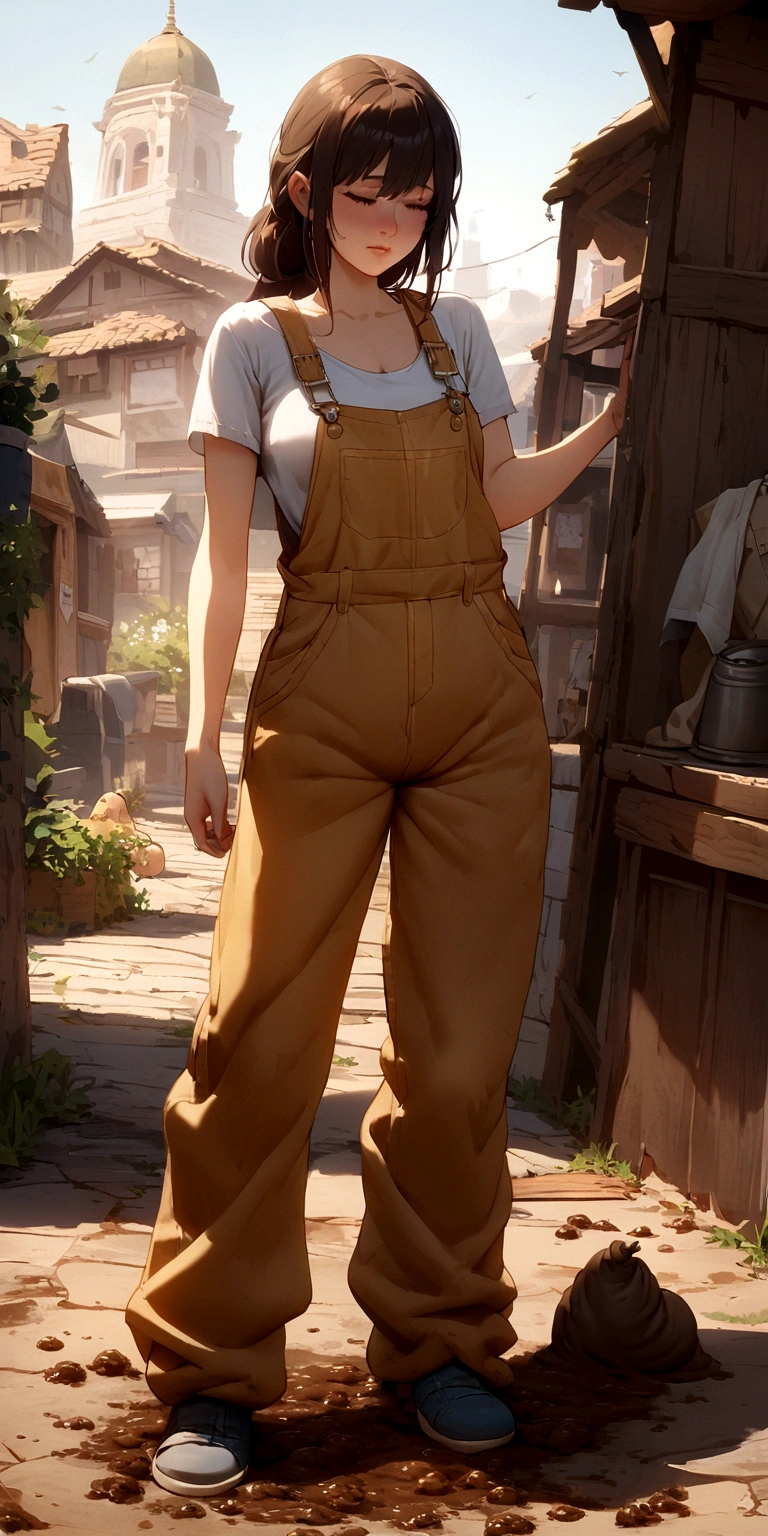 Girl poop in overalls ((poop in overalls)) Her overalls is covered with shit. ((overalls is covered with poop))