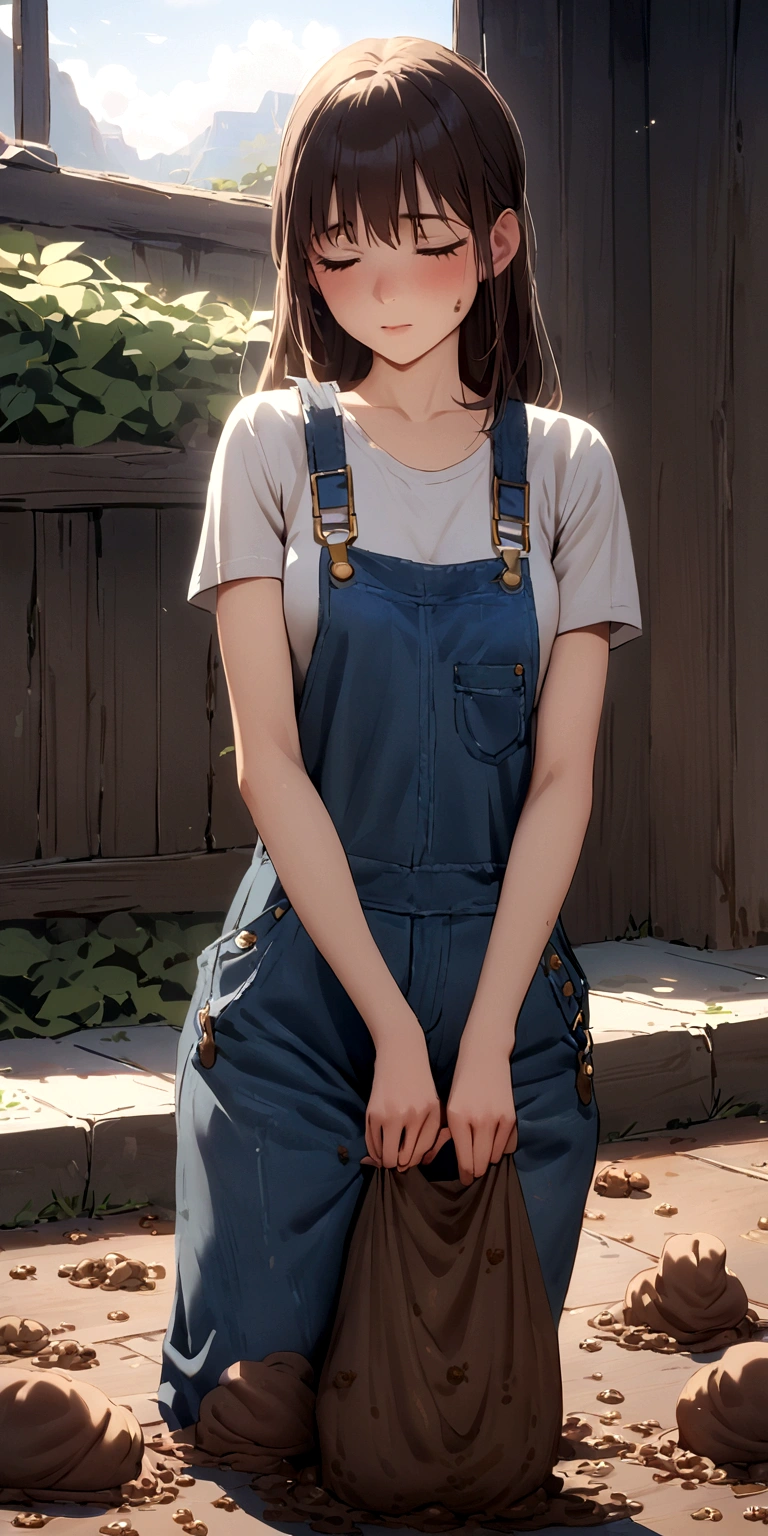 Girl poop in overalls ((poop in overalls)) Her overalls is covered with shit. ((overalls is covered with poop))