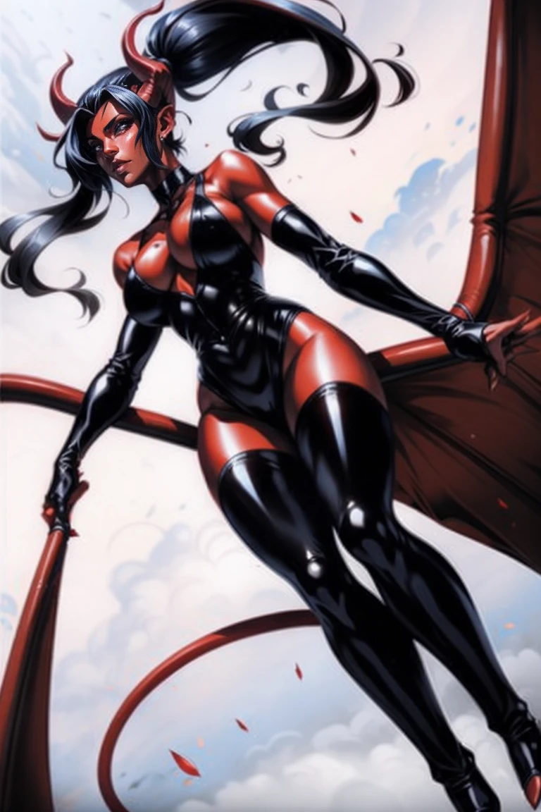 Red skin succubus tiefling, medium breasts, black horns, wings, huge tail, black leather, leotard, tall, toned, graceful, thin, long black ponytail. Action scene, shotgun.