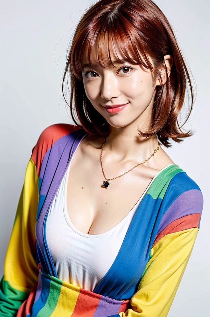 (Highest quality, 8K, 32k, masterpiece, Ultra-high resolution:1.2),Beautiful Japanese Women Photos, Rainbow clothes、Rainbow hoodie、solo、Large Breasts, Very short bob hair,Red hair, necklace, Simple Background, From above, View your viewers,Red Hair、White background、smile、Rainbow hair color