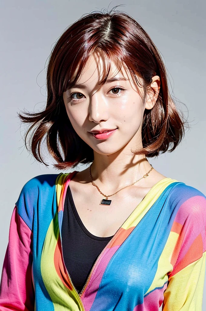 (Highest quality, 8K, 32k, masterpiece, Ultra-high resolution:1.2),Beautiful Japanese Women Photos, Rainbow clothes、Rainbow hoodie、solo、Large Breasts, Very short bob hair,Red hair, necklace, Simple Background, From above, View your viewers,Red Hair、White background、smile、Rainbow hair color