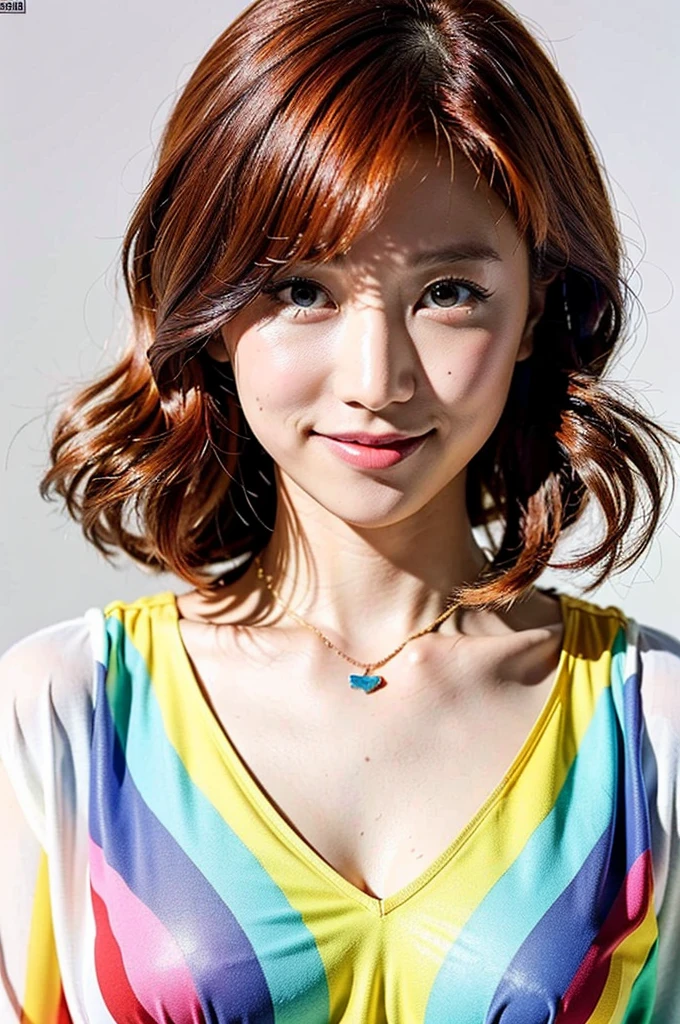 (Highest quality, 8K, 32k, masterpiece, Ultra-high resolution:1.2),Beautiful Japanese Women Photos, Rainbow clothes、Rainbow hoodie、solo、Large Breasts, Very short bob hair,Red hair, necklace, Simple Background, From above, View your viewers,Red Hair、White background、smile、Rainbow hair color