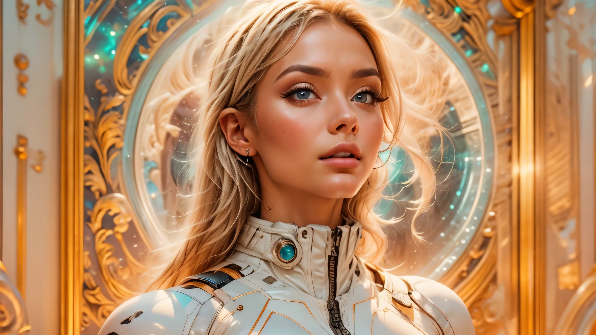 arafed image of a white woman in a futuristic suit with a spaceship in the background, movie art, in front of an orange background, inspired by Robert McGinnis, female protagonist, megastructure in the background, portrait of an ai astronaut, astronauts, an astronaut, portrait of a astronaut skeletor, perfect android girl, Highly Detailed Face and Skin Texture, Detailed Eyes, Double eyelids, perfectly detailed teeth, frank franzzeta and sakimichan  