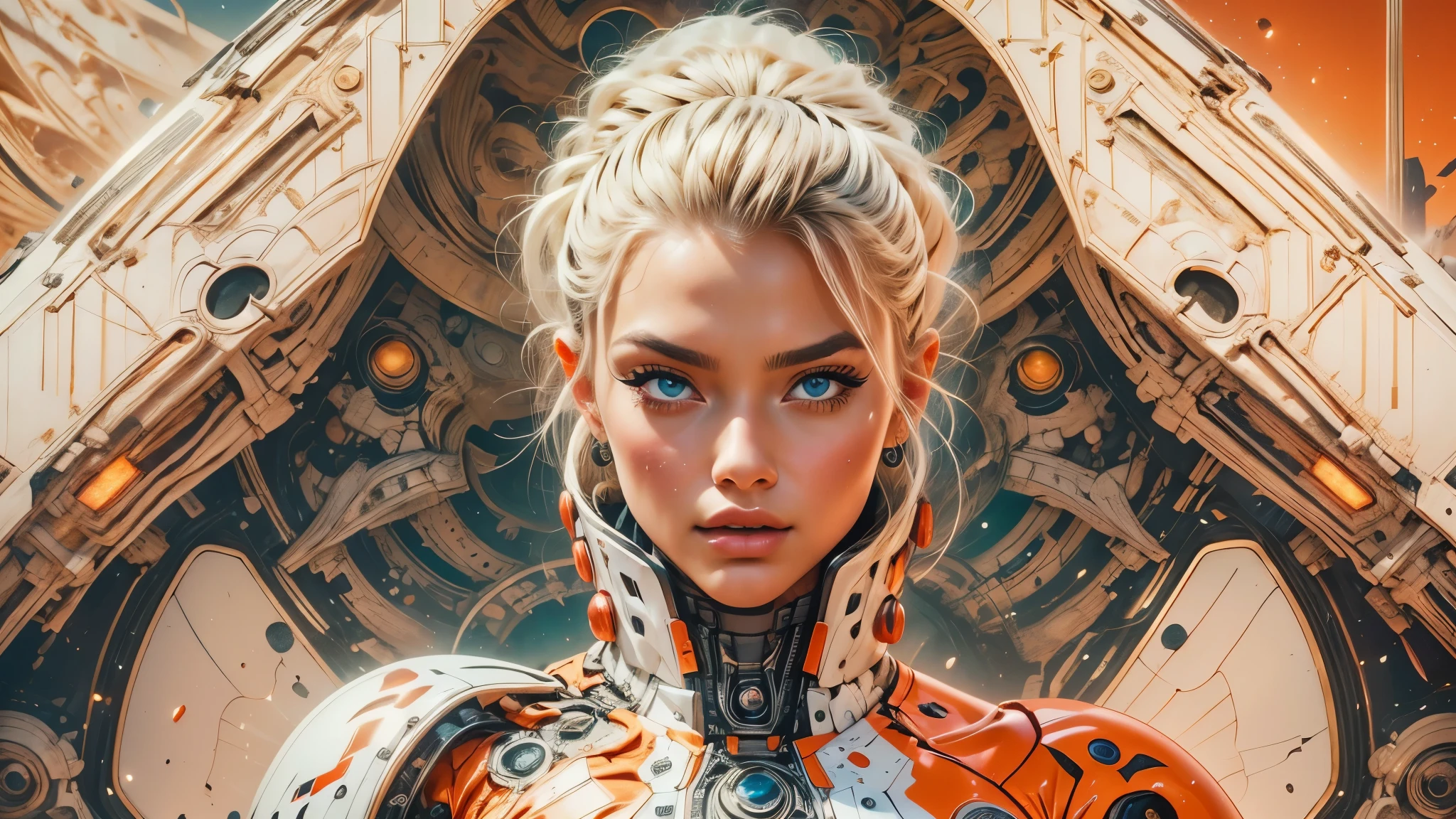 arafed image of a white woman in a futuristic suit with a spaceship in the background, movie art, in front of an orange background, inspired by Robert McGinnis, female protagonist, megastructure in the background, portrait of an ai astronaut, astronauts, an astronaut, portrait of a astronaut skeletor, perfect android girl, Highly Detailed Face and Skin Texture, Detailed Eyes, Double eyelids, perfectly detailed teeth, frank franzzeta and sakimichan  