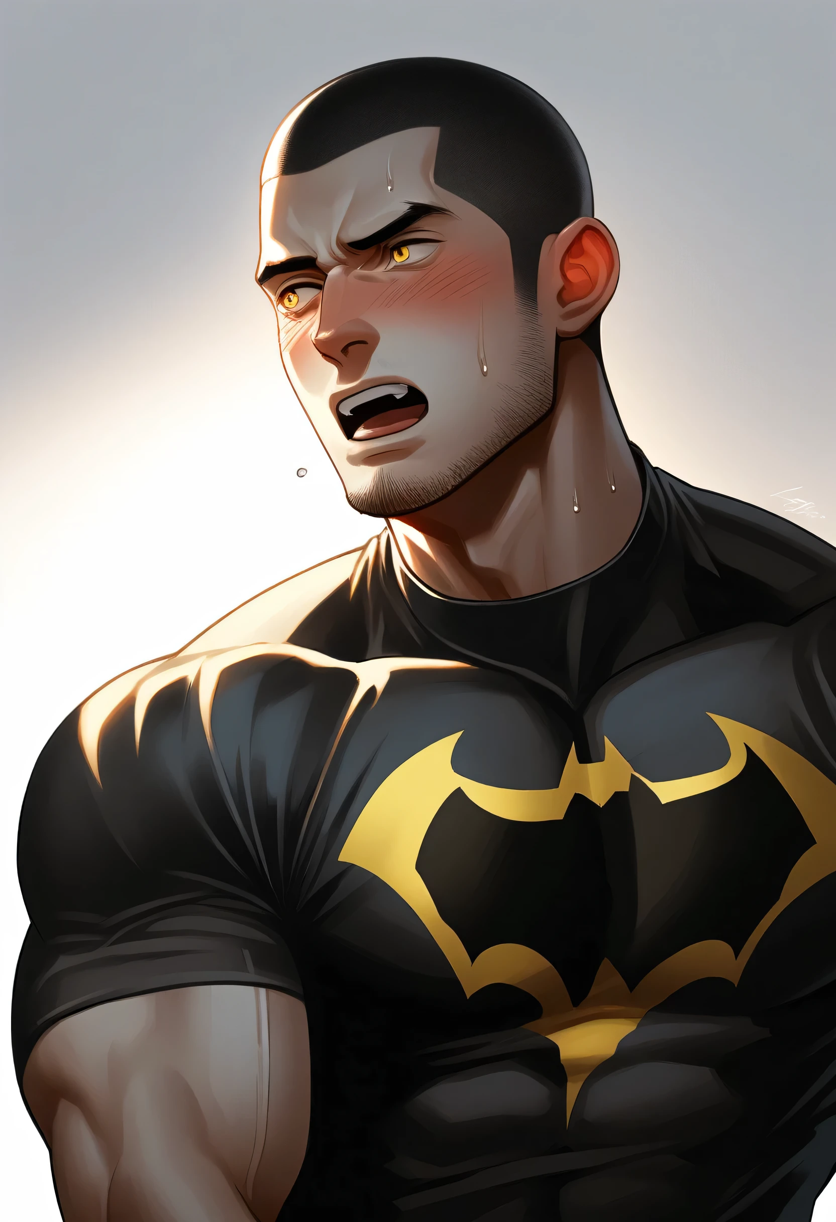 1muscular sportsman, Athlete,male focus, Buzz Cut, Yellow and black Batman tight T-shirt, one ,Very tight, muscular male, muscular, only, Upper body, alone, look to the side, short hair, stubble, sweat, black hair, Yellow eyes, open lips, White background, simple background, amazing quality, best aesthetics, Ridiculous, crew cut, moaning, blush, clair obscur, cinematic lighting, best quality, textured skin