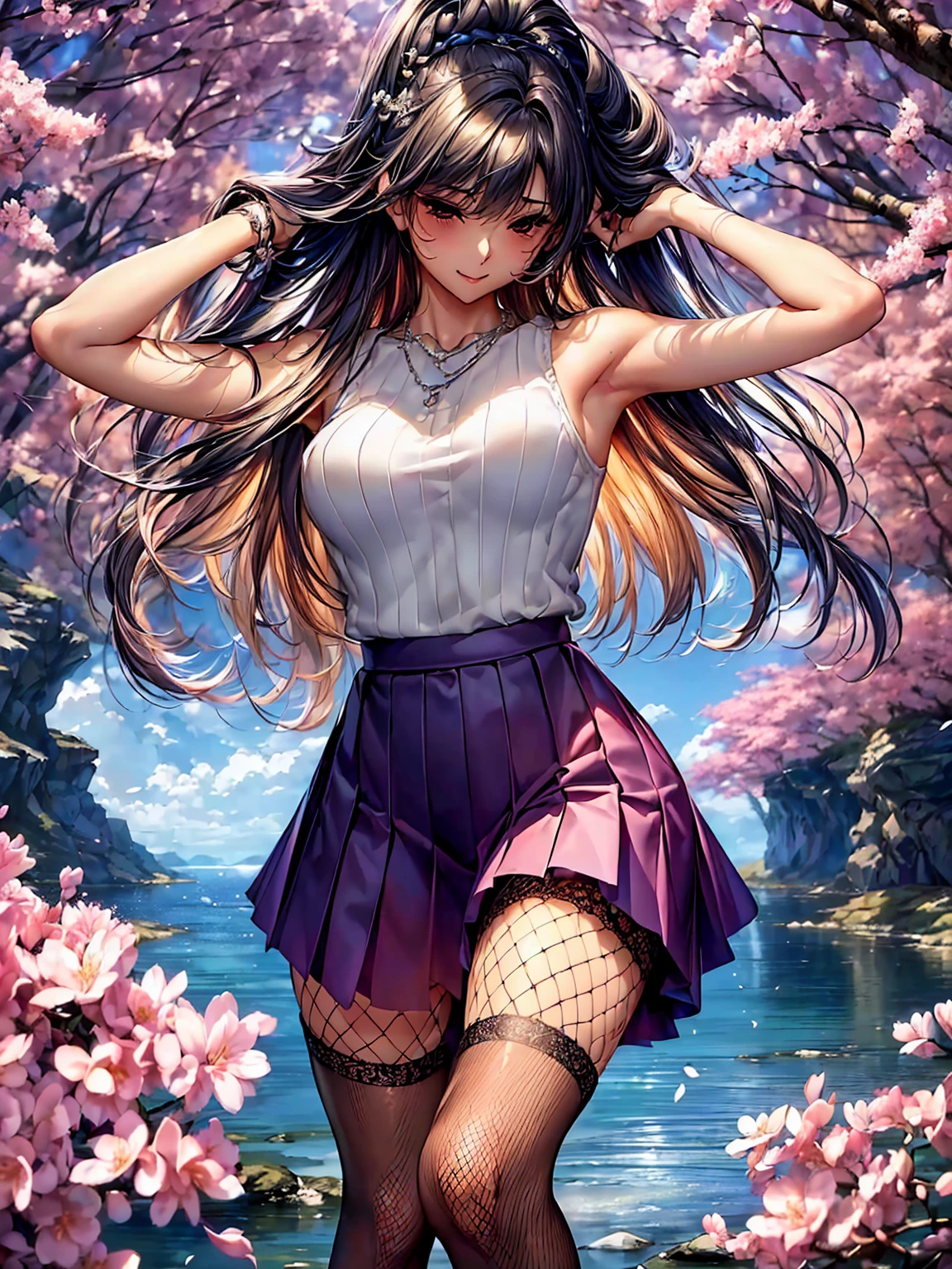 (((Highest quality、Masterpiece、Very high resolution)))、Beauty Painting、(Strong-willed beautiful girl:18-year-old、Beautiful body:Slender Beautiful Breasts、Beautiful Face:smile、Beautiful Hair:Mr.々Hair style、tall、Beautiful feet)、 (Best skin and hair texture)、((Sleeveless sweater、Fishnet tights:Knee-high、Pleated skirt:mini skirt、1 diamond necklace))、(Great waterfront、There is a waterfall、Cherry blossoms and a fantastic night sky、Natural light、Beautiful views、Beautiful views)、(Beautiful pose:Raise your arms to show your sides)、Accurate Images:1.5、Accurate anatomy:1.5、Flawless images、Perfect Image、Overall image、(Best Shot、RAW Photos:1.2)